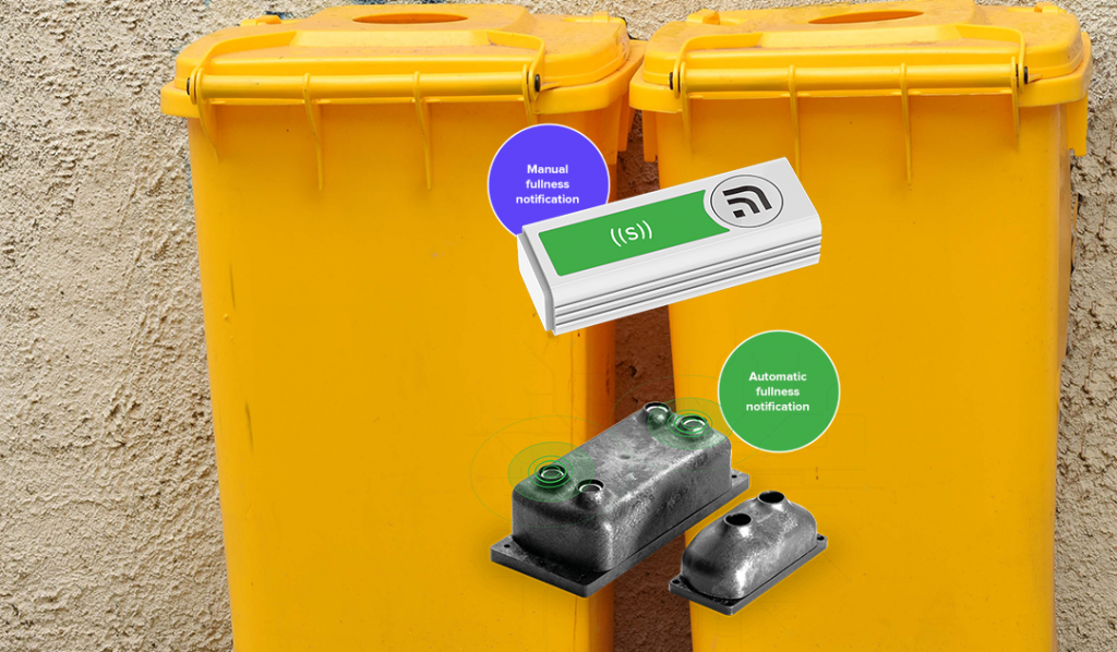 Ultrasonic bin sensors and smart button with two yellow trash bins in the background.