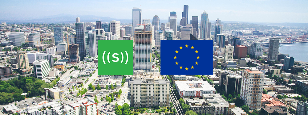 City skyline with Sensoneo logo and EU emblem.