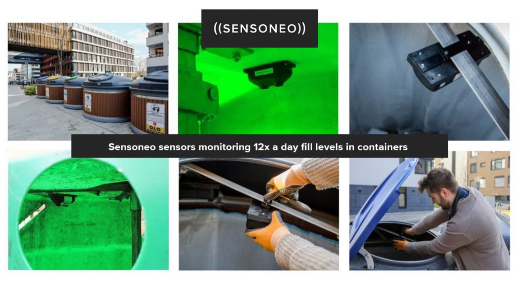 Sensoneo sensors monitoring 12x a day fill-levels in containers. Different pictures of sensors installed inside the bins. 