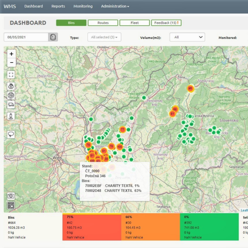 Screenshot of Sensoneo software system where a map with fill-level percentage of bins is shown. 
