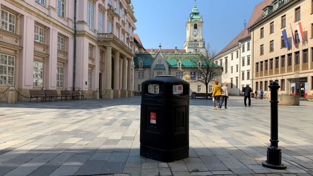 Street bin on the street in Bratislava city.
