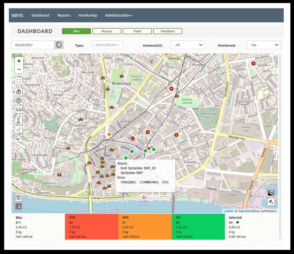Mockup of Sensoneo software system platform. Map of the city of Bratislava where street bins are located and its fill-level is shown.