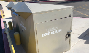 Library book return box on the street.