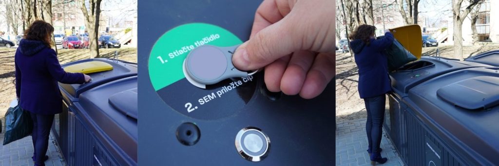 Explanation of the use of smart container locks. Press the button, attach the chip to the sticker label, open the container.