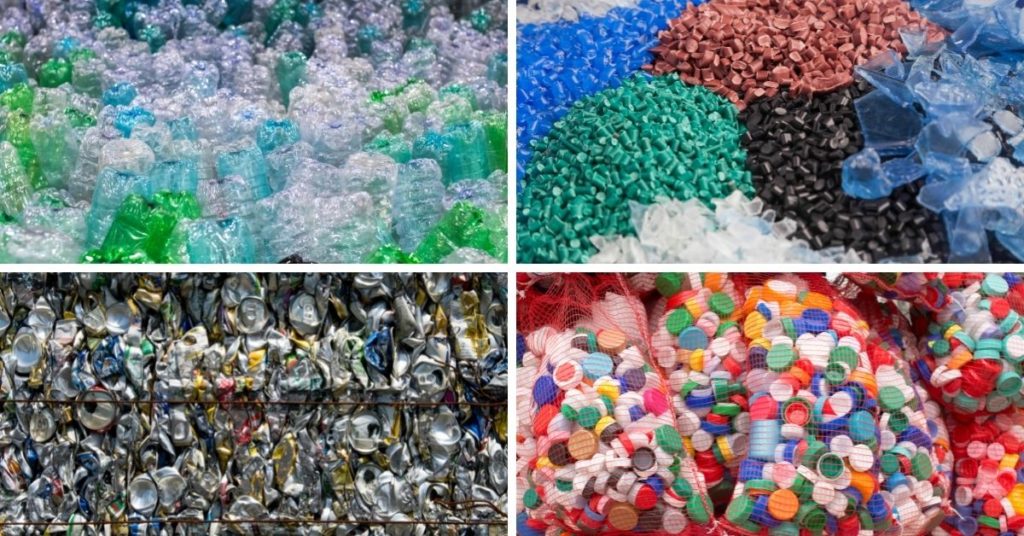 Pictures of PET bottles, recycled cans, bottle lids and different kinds of plastic. 