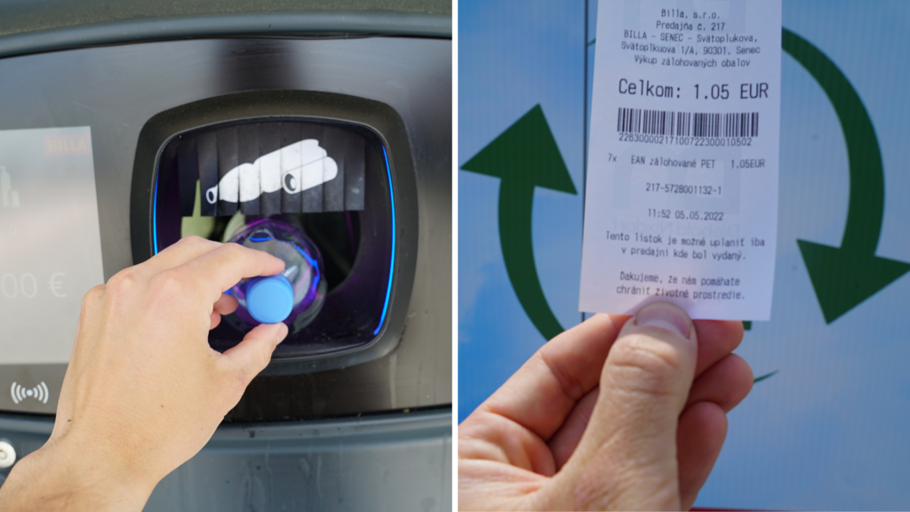 A hand putting a plastic bottle in the reverse vending machine and then holding a return voucher from the machine.