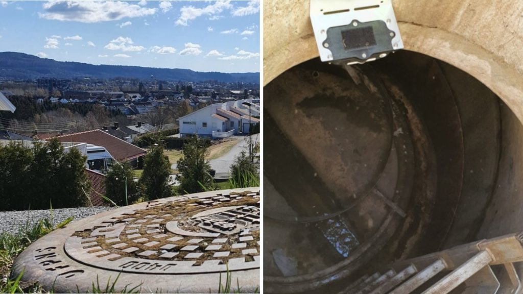Empty manhole with the ladder and the top of the manhole with the view of village in Norway.