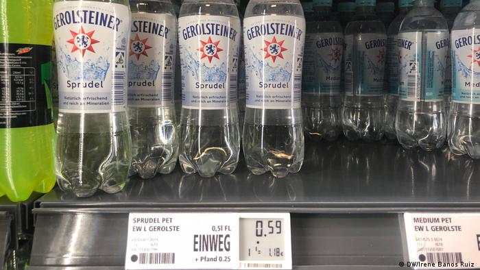 Plastic bottles on shelf at the supermarket in Germany.