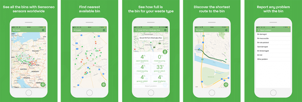 Mockups of Sensoneo Citizen app that shows different functionalities of app. 