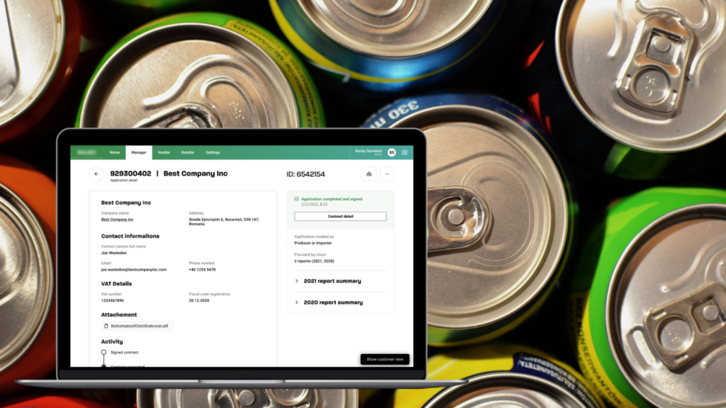 Mockup of Sensoneo software system, registration contracting, with the tops of aluminum cans in background.