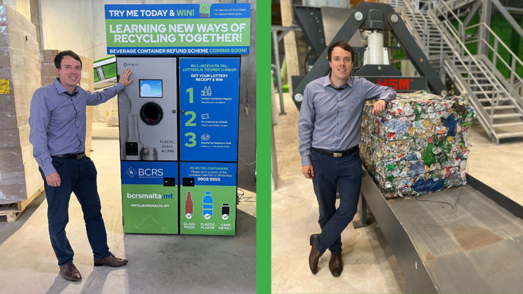 Peter Knaz, DRS and Take-Back system division director standing next to reverse vending machine and recycled plastic bottles and aluminum cans. 
