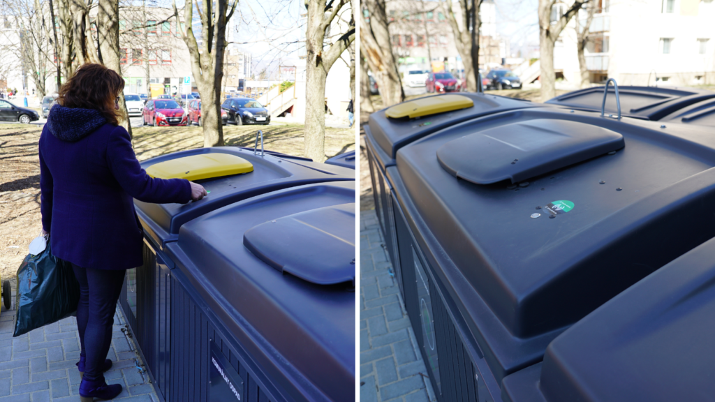 A woman is opening the semi-underground bin with a chip to throw a garbage away.