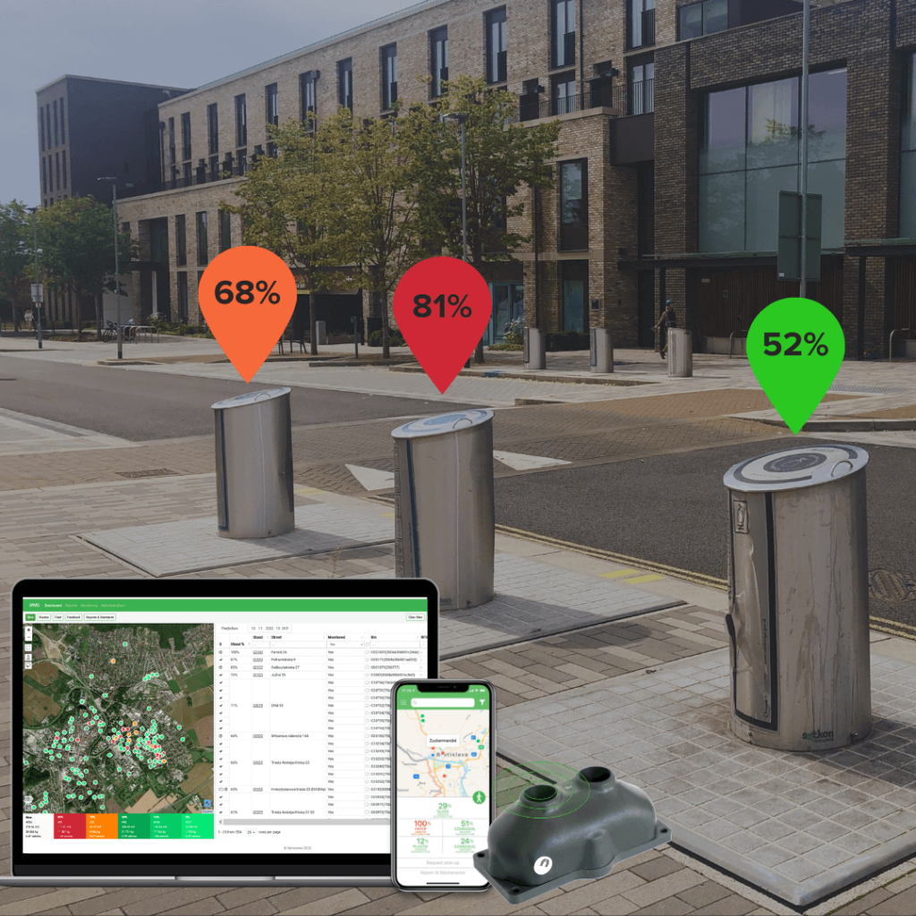 Underground bins in the modern urban district in Cambridge that show their fill-level. Mockup of Sensoneo software system platform, mobile app and single sensor for waste monitoring. 