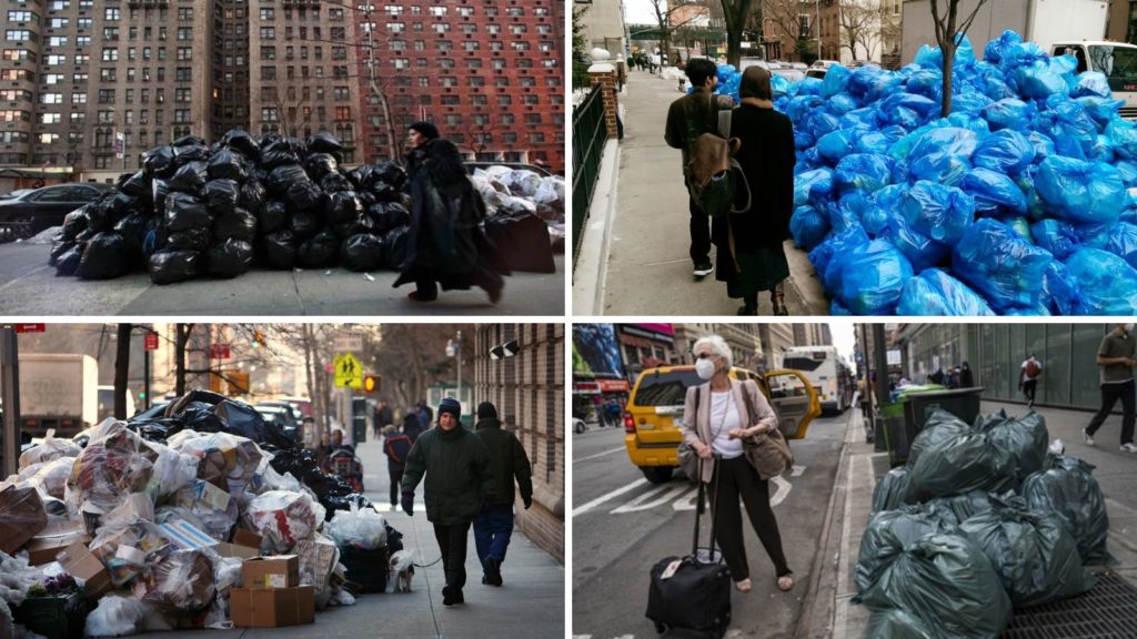 Pictures display many waste bags lying down on the street in New York.