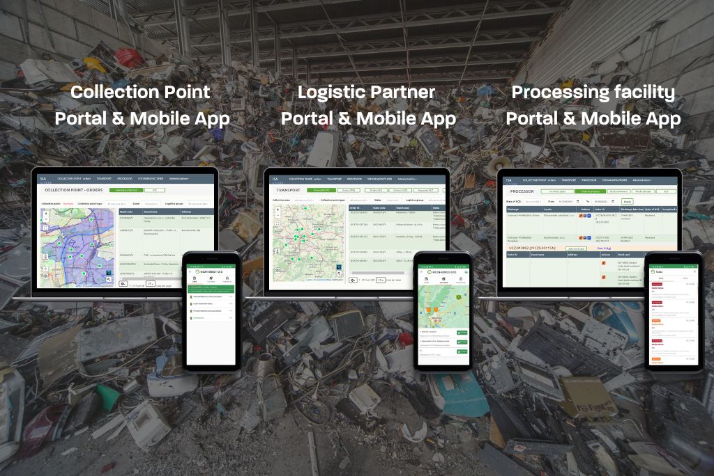 There are 3 mobile applications for the take-back system operators, which are very similar in design and structure, but each has different functionalities. 1. Collection Point Portal and Mobile App 2. Logistic Partner Portal and Mobile App 3. Processing facility Portal and Mobile App