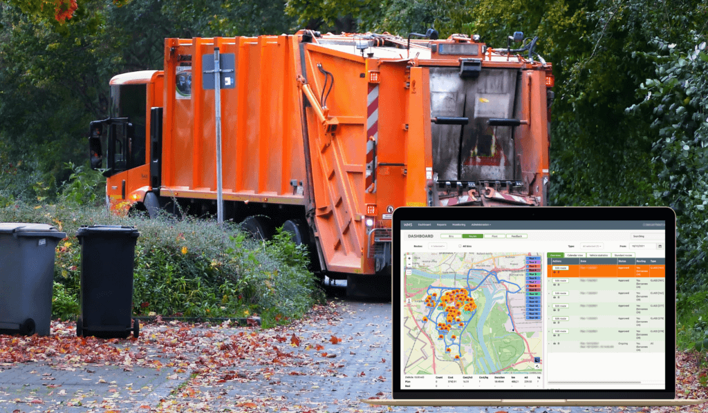 Garbage truck collecting waste and mockup of Sensoneo software system platform for waste collectors. 