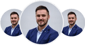 A man in a blue suit, smiling confidently, shown in three circular repeated portraits.