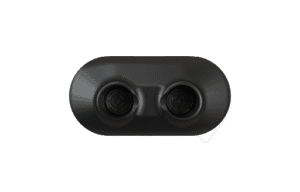 Close-up of a black ultrasonic sensor with two lenses.