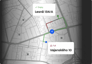 A map with route directions, indicating one locationis empty and another is full.