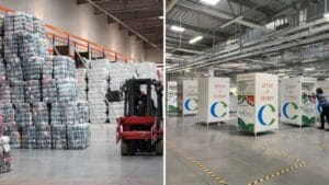Indoor textile-recycling facility showing baled material storage and collection bins being prepared for use.
