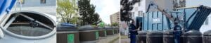 Waste containers with sensors, labeled bins, and a waste collection truck.