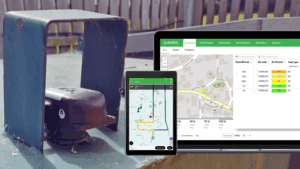 Smart sensor installed under a metal cover, shown alongside software dashboards visualizing bin fill data.
