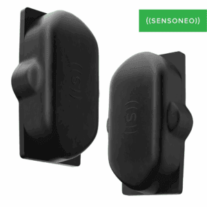 Two sleek black Sensoneo smart sensors shown from different angles on a white background.