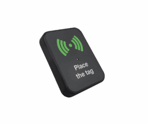 Compact RFID reader prompting users to place a tag for scanning.