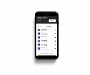 A waste-collection app screen showing completed route, collected bins, and total weight.