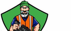 Logo for "Waste Warriors," featuring a character in an orange vest holding a trash bag.