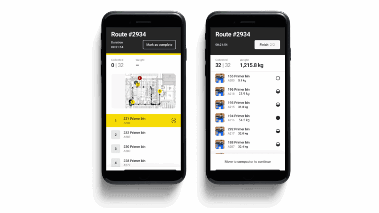 Two phones showing a waste-collection route app with bin list and weights.