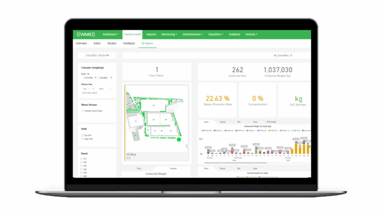 A laptop displaying a waste-management dashboard with maps, charts, and real-time collection data.
