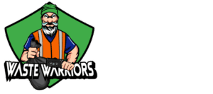 Logo for "Waste Warriors," featuring a character in an orange vest holding a trash bag.