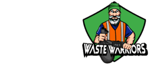 Logo for "Waste Warriors," featuring a character in an orange vest holding a trash bag.