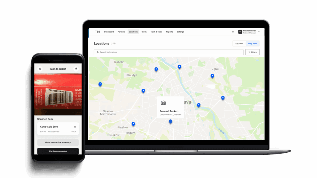 A take-back system app scans items while a dashboard maps collection locations for efficient returns.