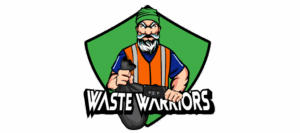Logo for "Waste Warriors," featuring a character in an orange vest holding a trash bag.