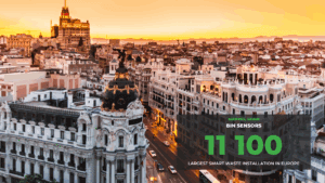 Sunset over Madrid with text highlighting a 11,100-sensor smart-waste installation.