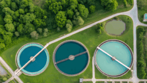 Aerial view of three large circular water treatment tanks surrounded by greenery.