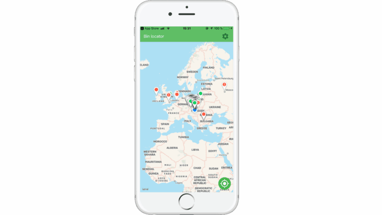 Smartphone showing a bin-locator app with markers on a Europe map.