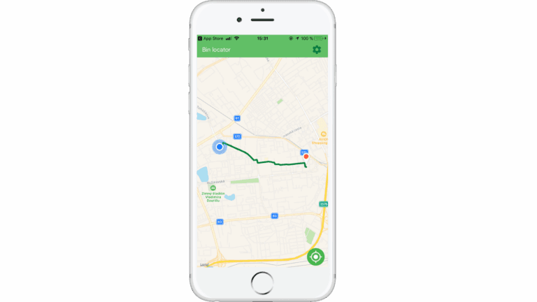 Mobile app screen showing navigation to the selected waste bin location.