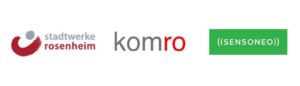 Three logos side-by-side for Stadtwerke Rosenheim, Komro, and Sensoneo.