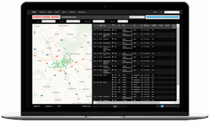 Dashboard showing a city map with sensor locations and a detailed bin status table.