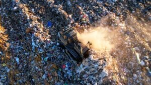 Bulldozer pushing and compacting mixed waste on a large landfill.