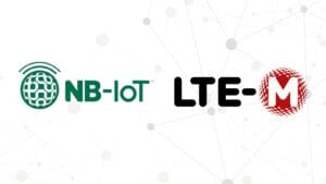 Logos of NB-IoT and LTE-M technologies, connected by a network design.