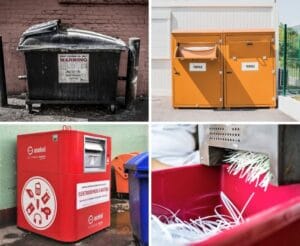Four different waste-collection or recycling containers, including oil, textiles, e-waste, and shredded material.