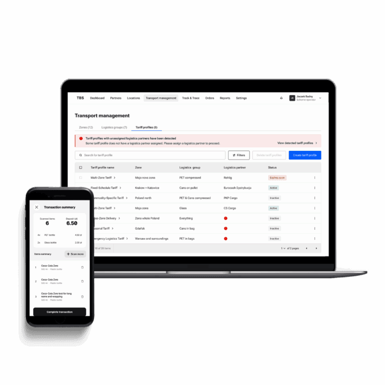 Laptop and smartphone showing transport-management dashboard and transaction summary.
