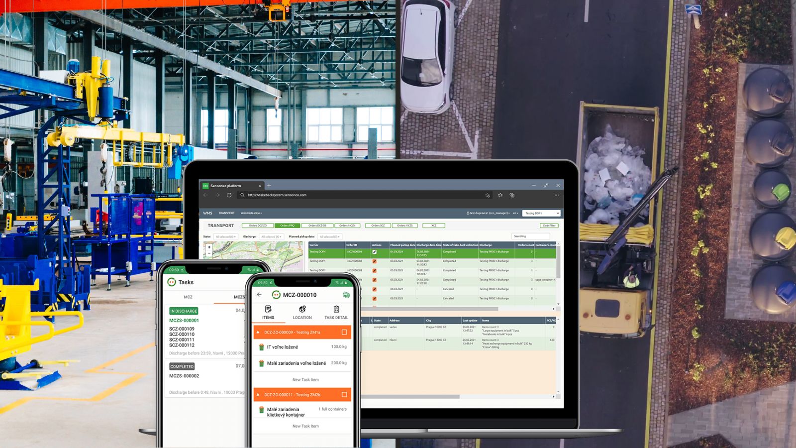 Digital waste management system displayed on laptop and smartphone interfaces, tracking collection and transport activities across an industrial and urban environment.