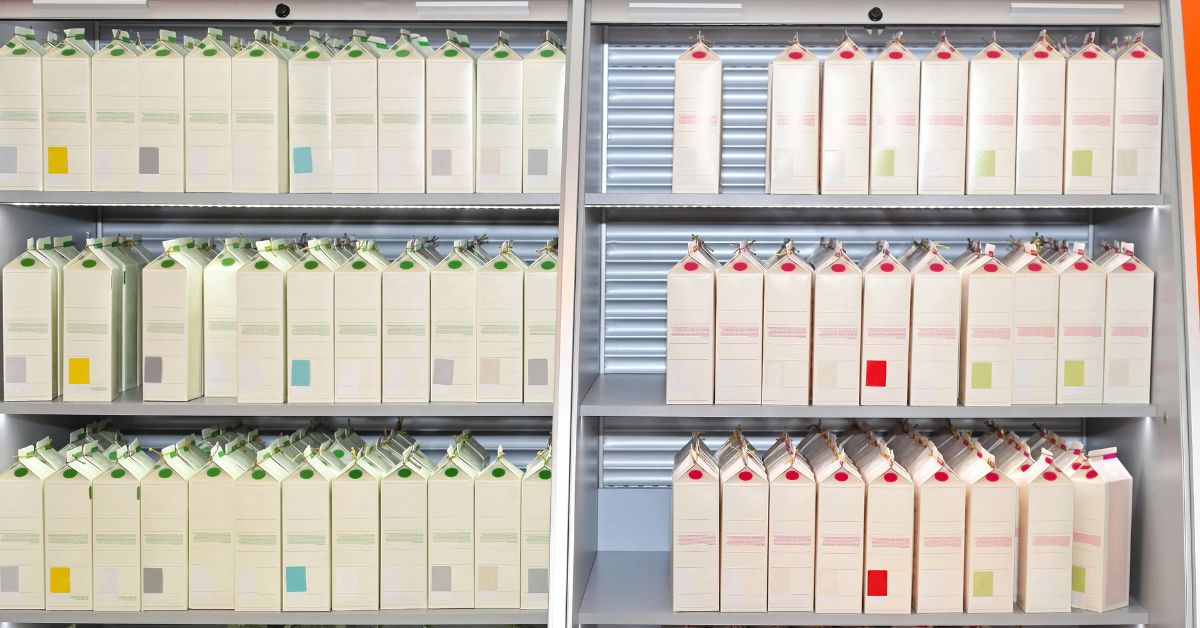 Shelves filled with sorted beverage cartons prepared for recycling.