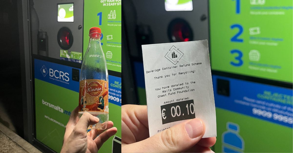 Recycling machine issuing a refund receipt for a returned plastic bottle.