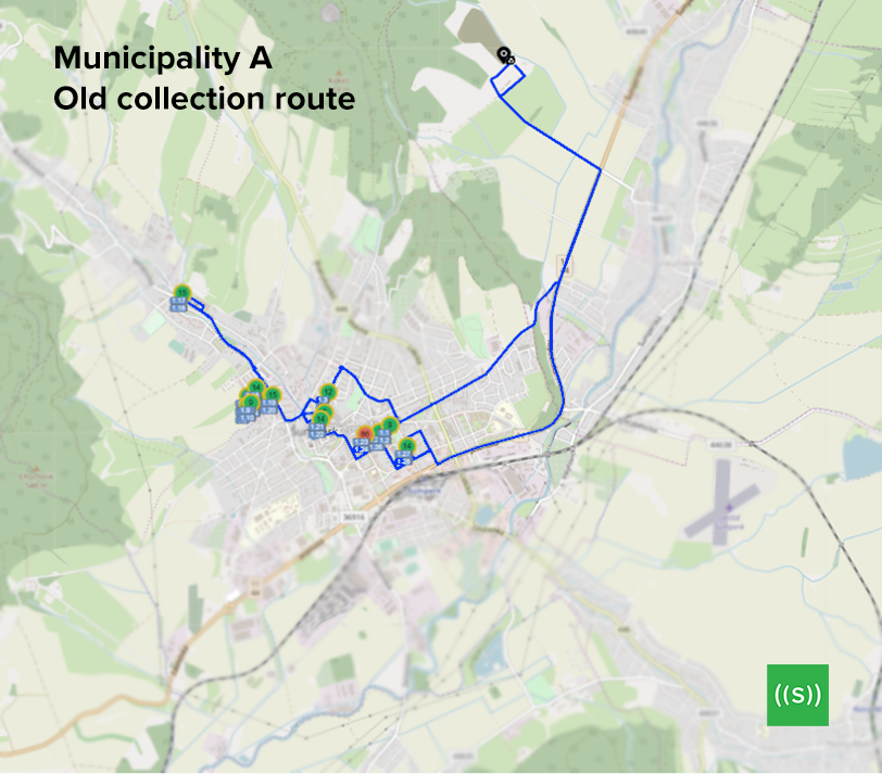 Map of the municipality where the current collection route for garbage truck that is highlighted in blue.